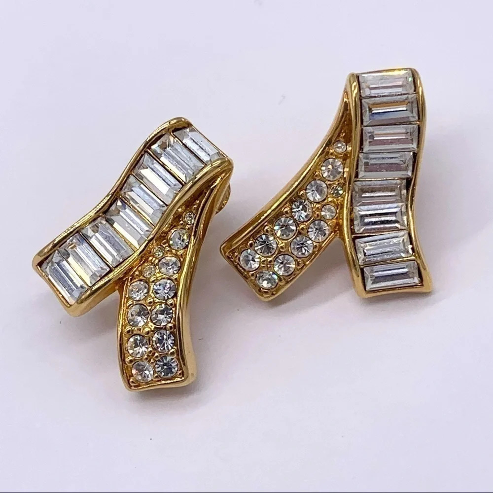 Swarovski Crystal Pave and Baguette Gold Earrings